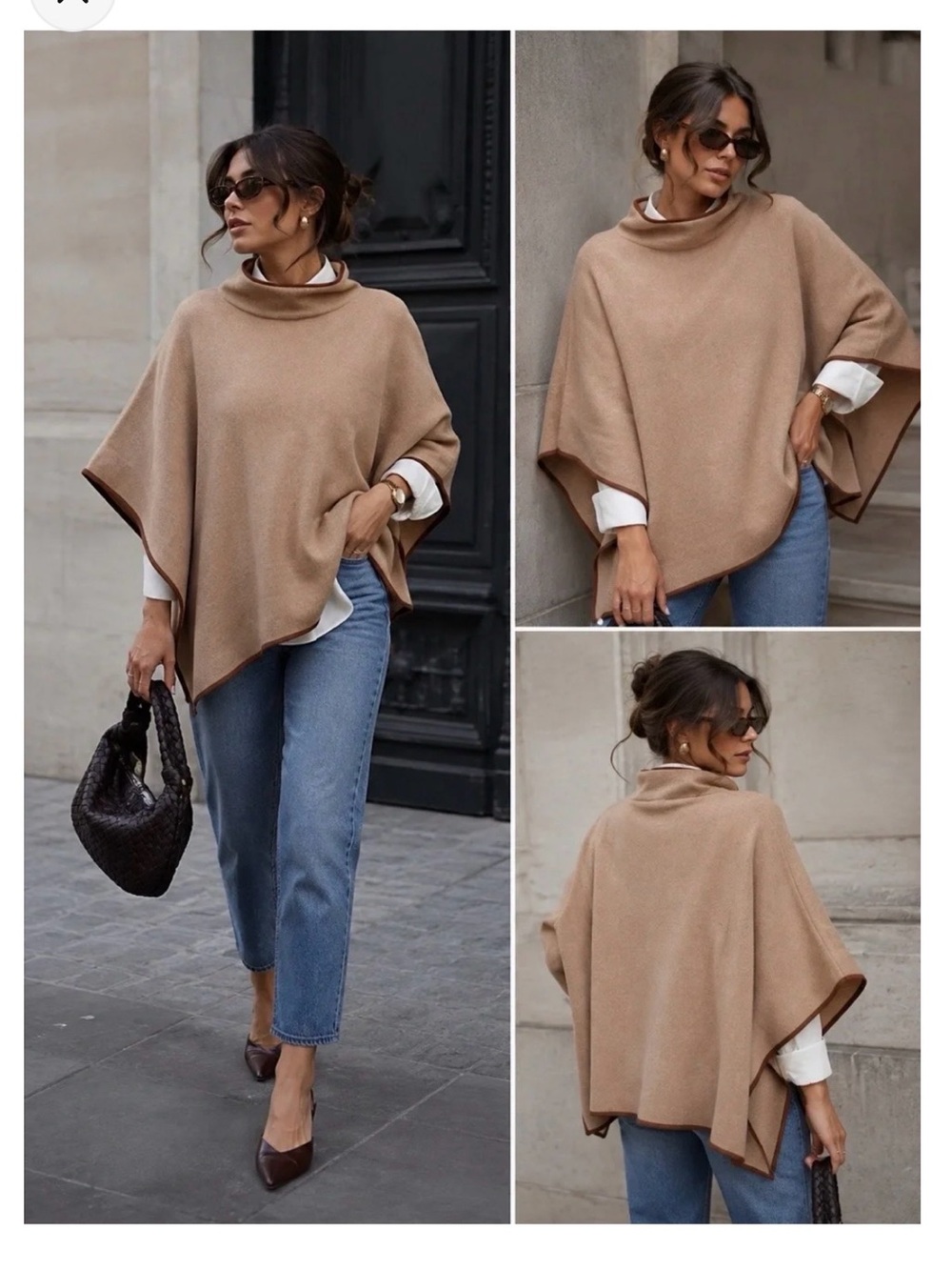 J. Crew 100% Cotton Tan Poncho with Brown Faux Leather Trim One Size
